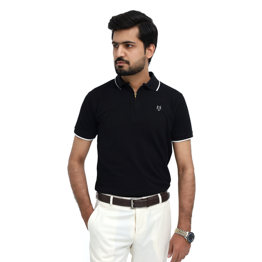 BLACK ZIP POLO TEE